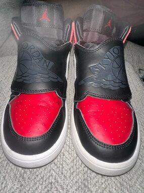 Nike Air Jordan Kids High-Top Sneakers - Red, Black & White w Strap Overlay S 3Y